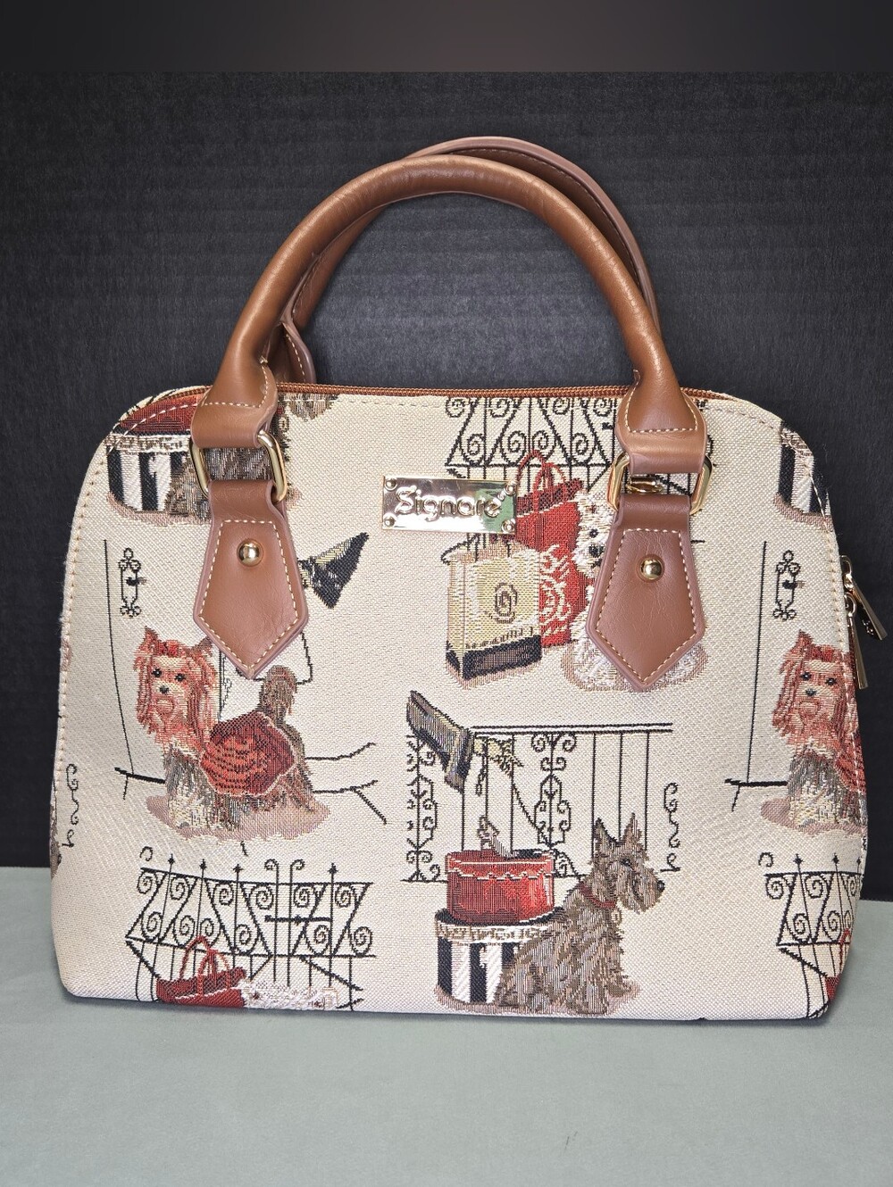Signare Tapestry Fashion Dog Top Handle Purse Handbag Terrier Motif No Strap
